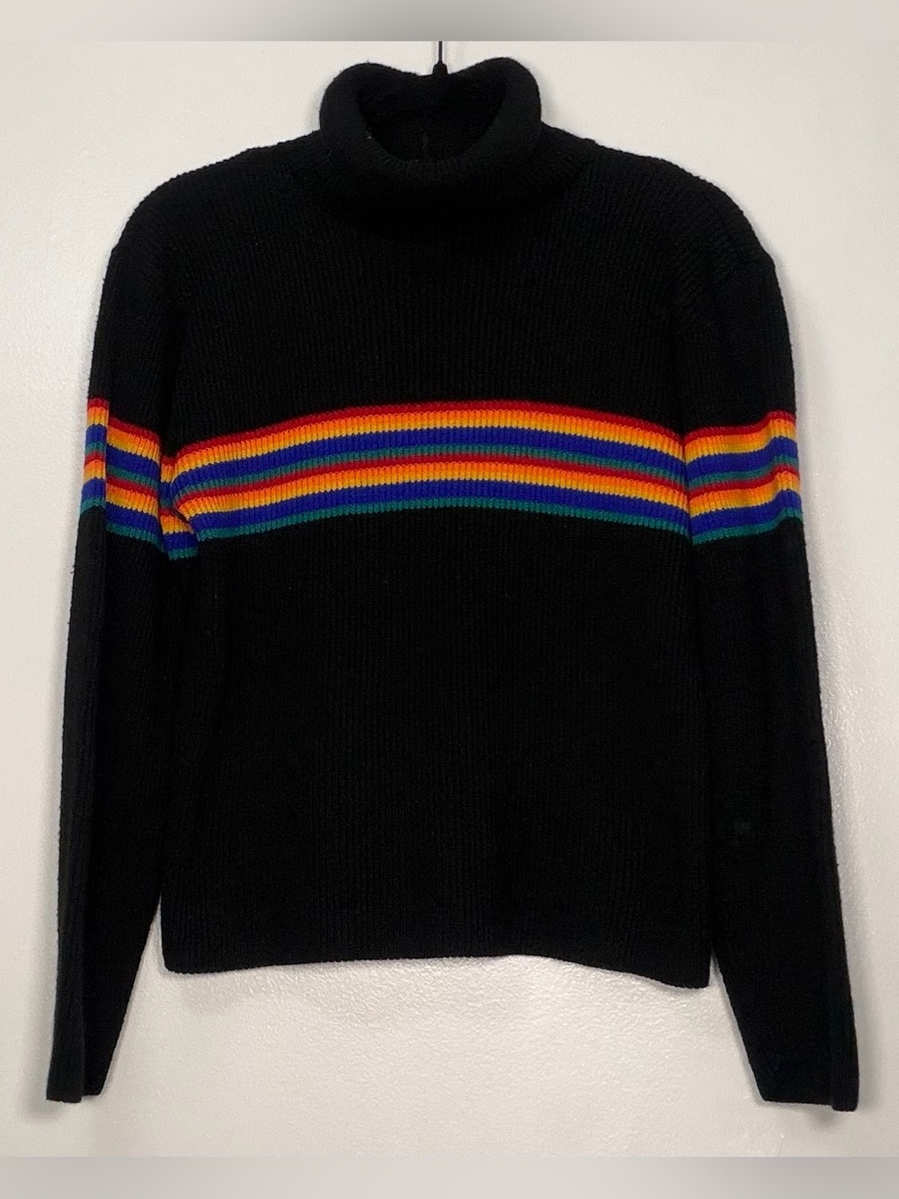 Vintage 1980s Black Turtleneck Sweater with Rainbow Chest Stripe
